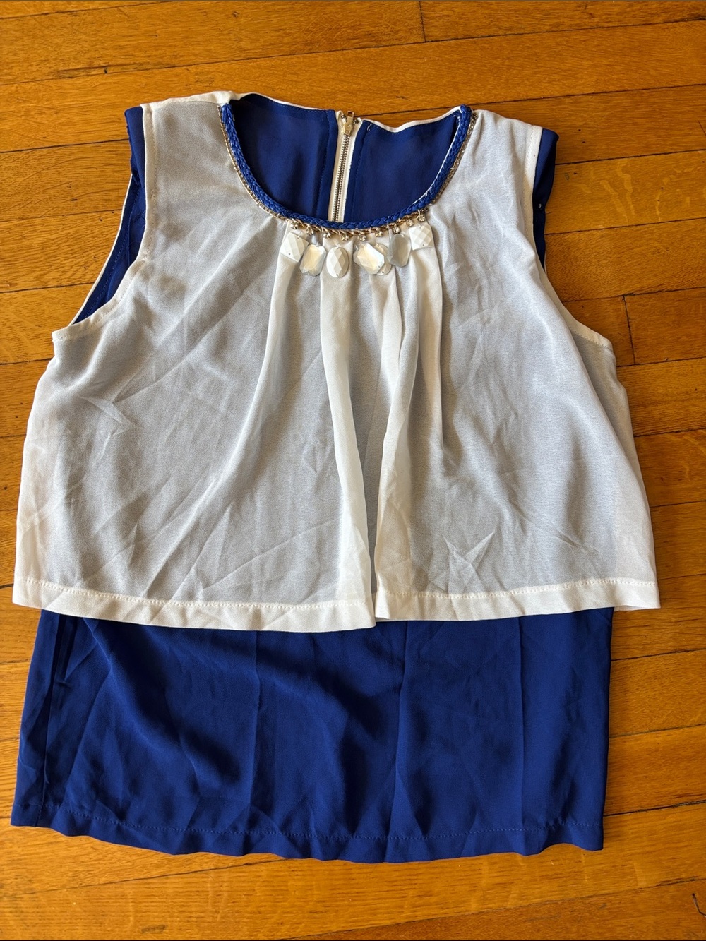 Chiffon Overlay Sleeveless Top in White and Royal Blue